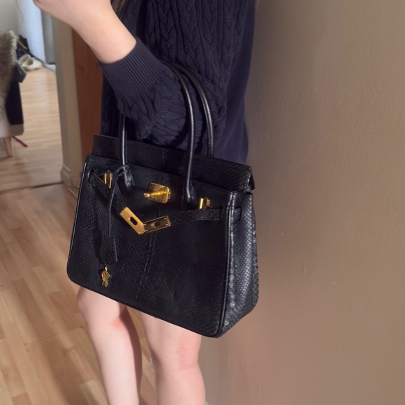 U-nus Handbags - Structured Black Leather Satchel with Gold-Tone Hardware snake skin